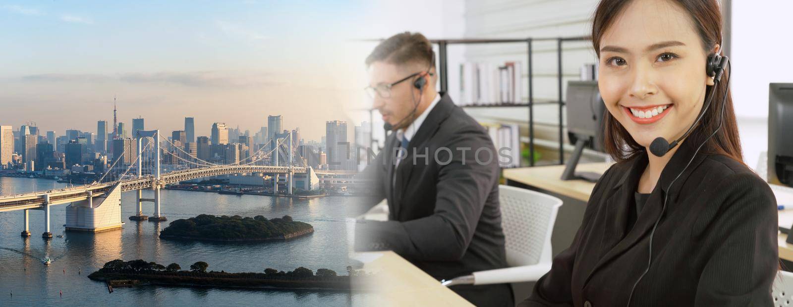 Business people wearing headset working in office broaden view by biancoblue