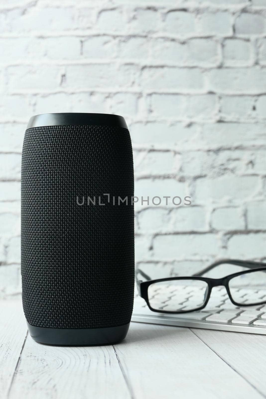 smart speaker and keyboard with copy space on white background.