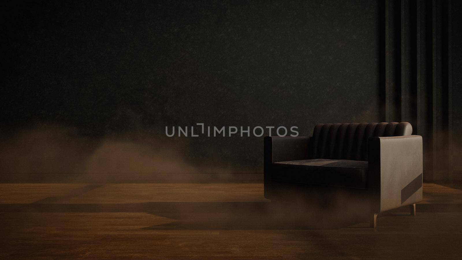 Empty living room in grungy style with dust smoke 3d Render