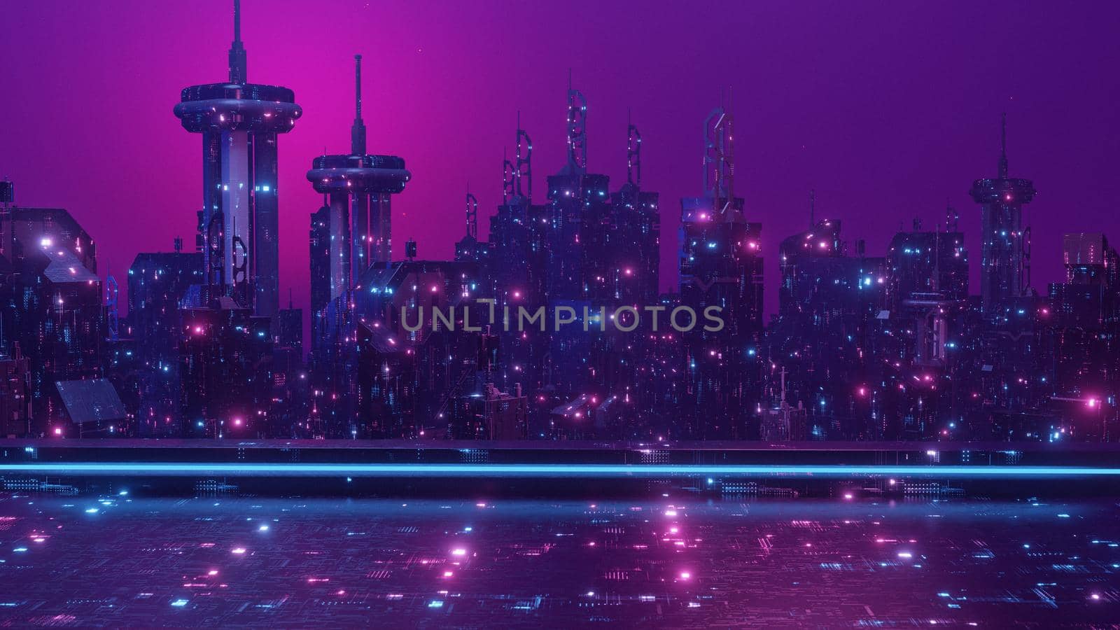 Science fiction neon city night panorama of dark futuristic sci-fi city lit with blue purple neon lights 3d illustration