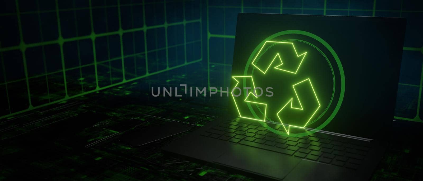 Recycle tech green glowing above laptop 3D Render