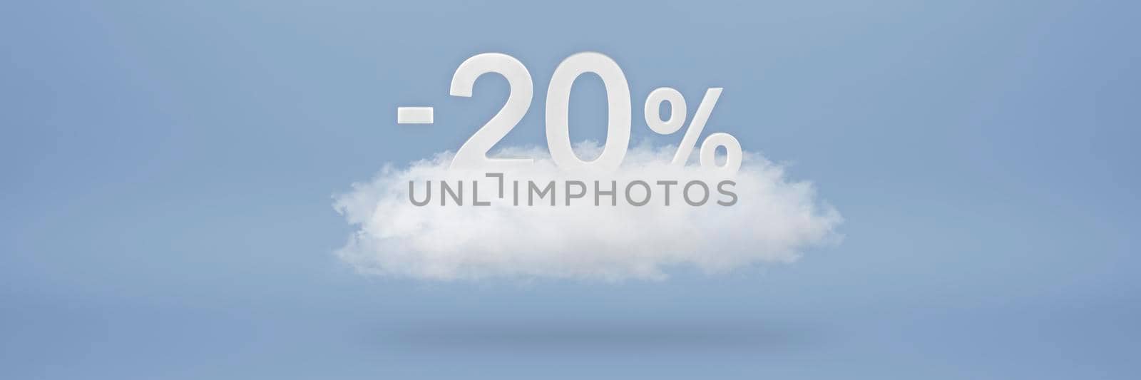 Discount 20 percent. Big discounts, sale up to twenty percent. 3D numbers float on a cloud on a blue background. Copy space. Advertising banner and poster to be inserted into the project by SERSOL