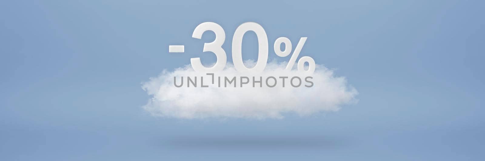 Discount 30 percent. Big discounts, sale up to thirty percent. 3D numbers float on a cloud on a blue background. Copy space. Advertising banner and poster to be inserted into the project by SERSOL