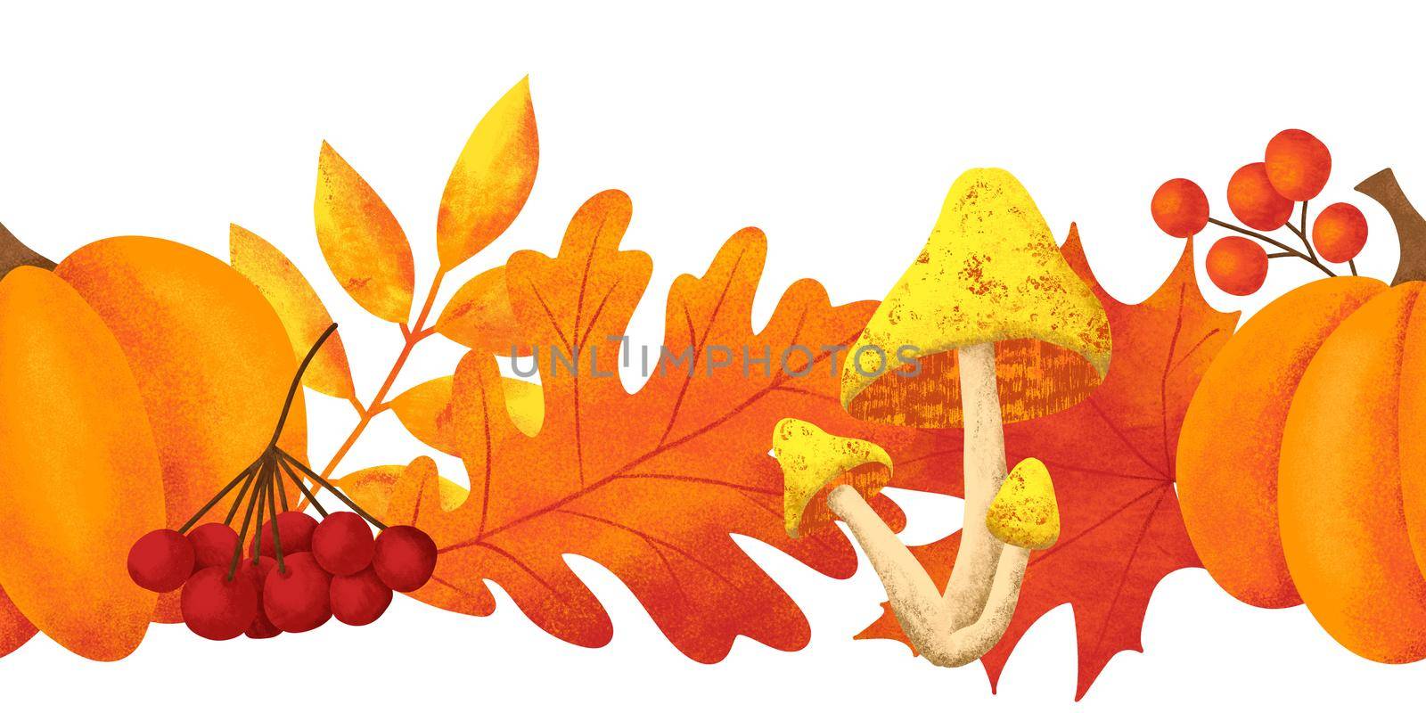 Hand drawn fall autumn seamless horizntal border with mushrooms forest wood grass leaves. Woodland frame in red orange yellow. Decorative ornament illustration
