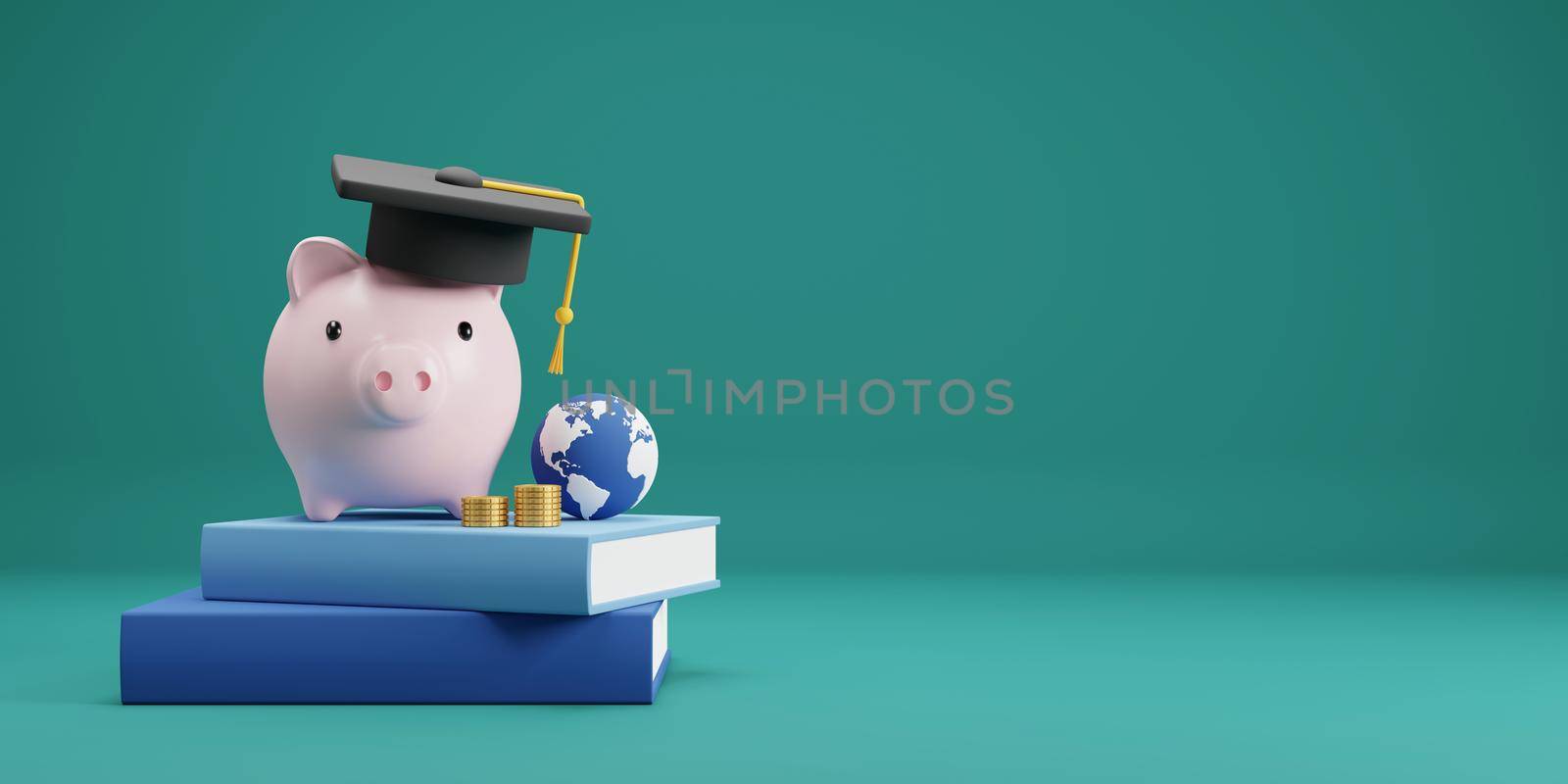 Investment education and scholarships concept design of piggy bank with graduation hat on book 3D render by Myimagine