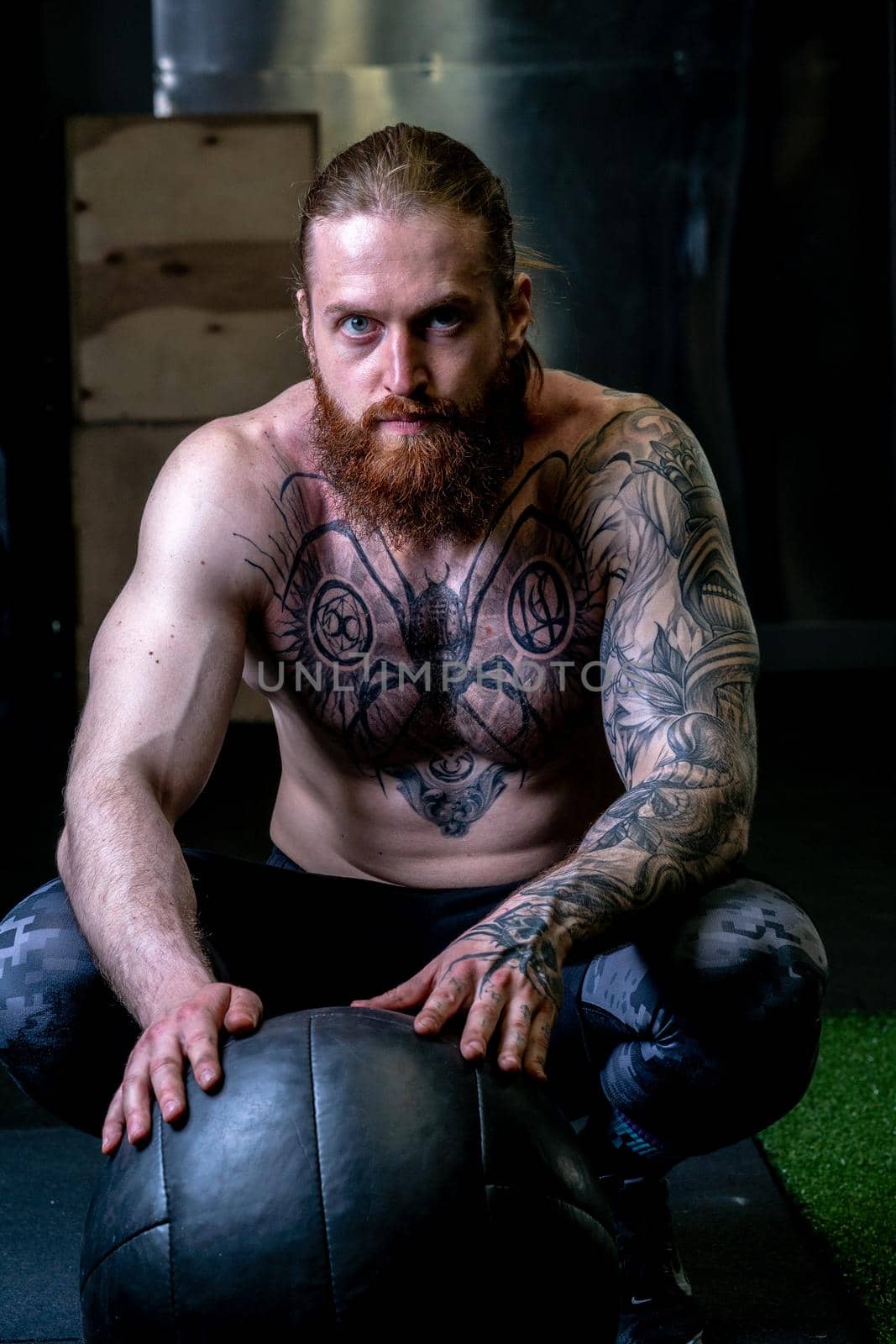 Ball - tattoo ups sits push beard man athletic body exercise, concept athlete strong from muscle from fit bodybuilding, guy lifestyle. Builder protein build, by 89167702191