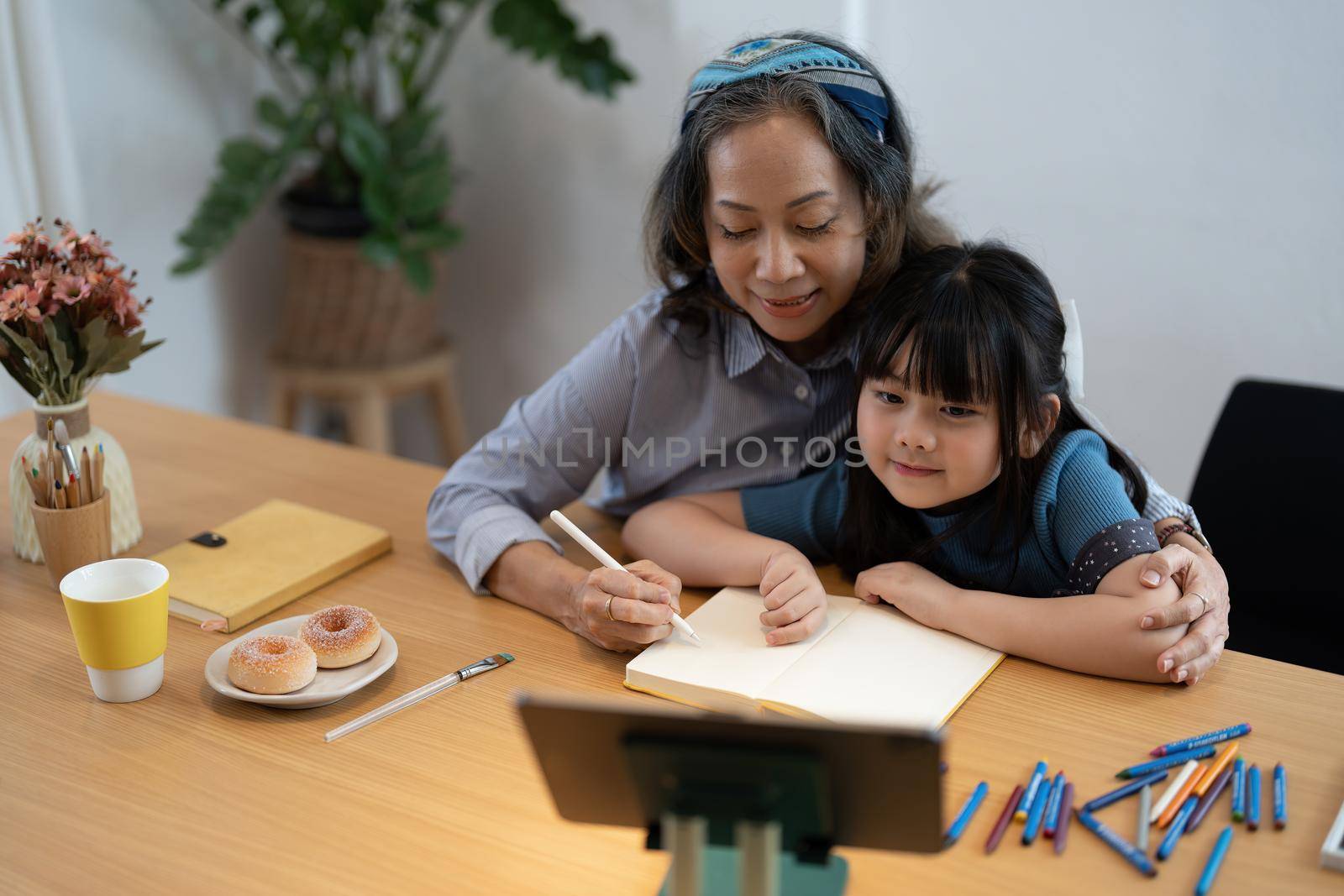 Smiling senior grandma and cute little kid granddaughter watching cartoons on laptop together, happy older grandmother grawing and painting. by nateemee