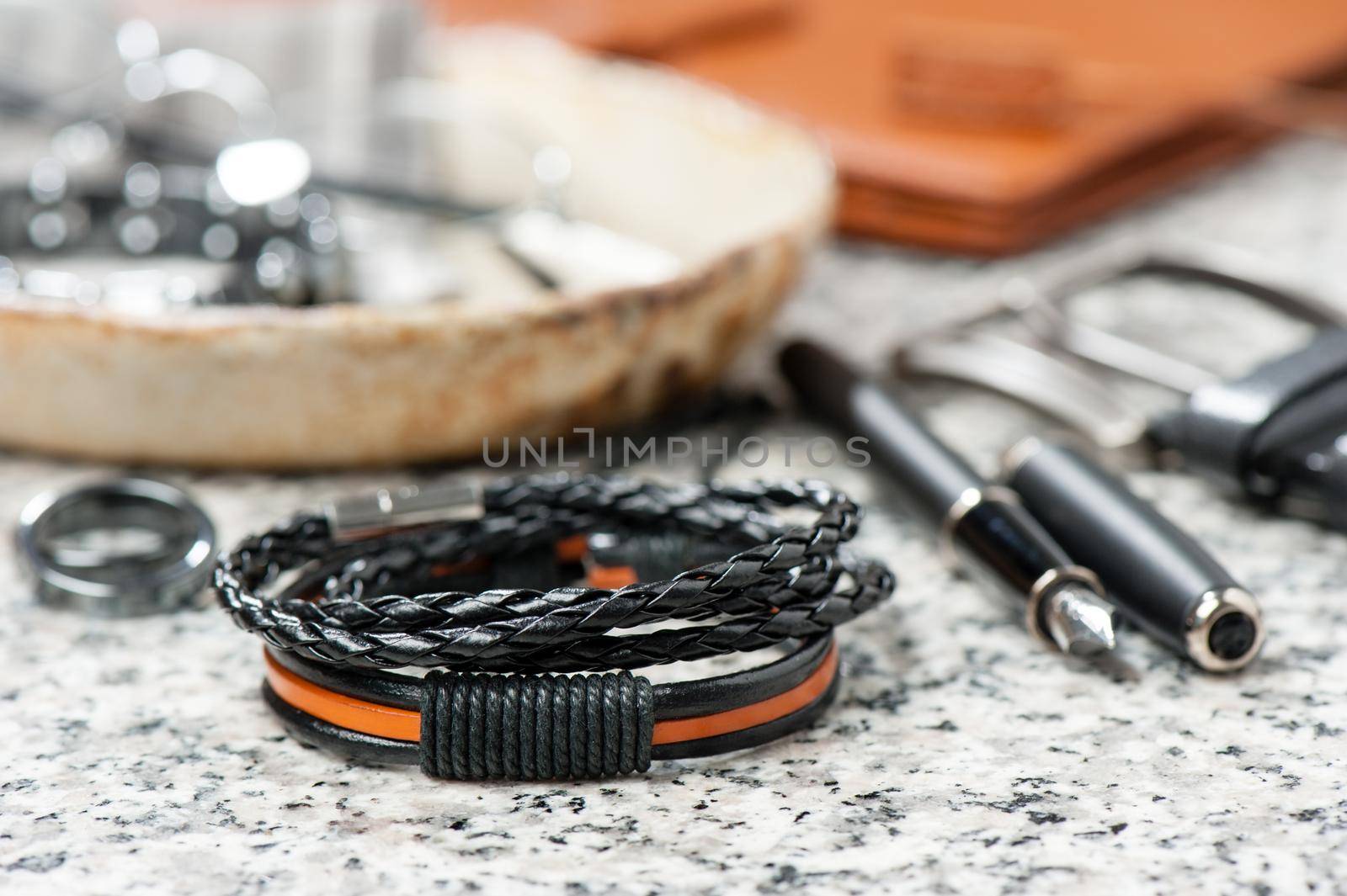 closeup leather bracelets for men, casual style of men accessories.