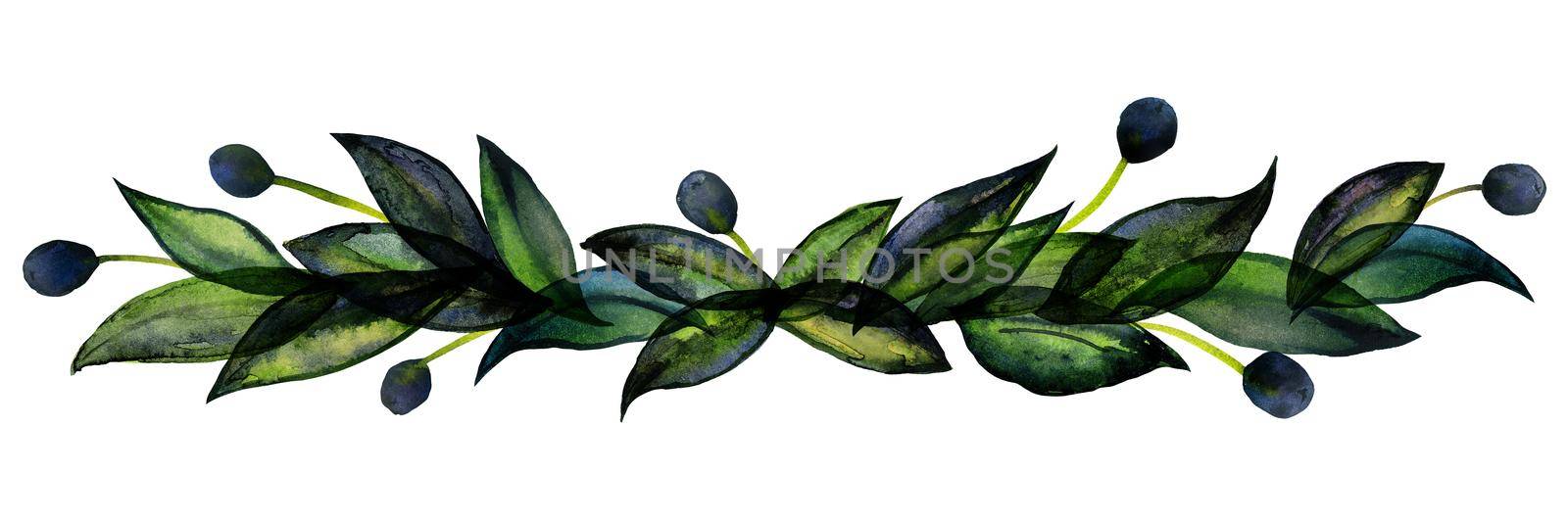 Olive floral botanical composition. Black and green watercolor bouquet. Cute decor for home and cafe textiles, for packaging decor and menu