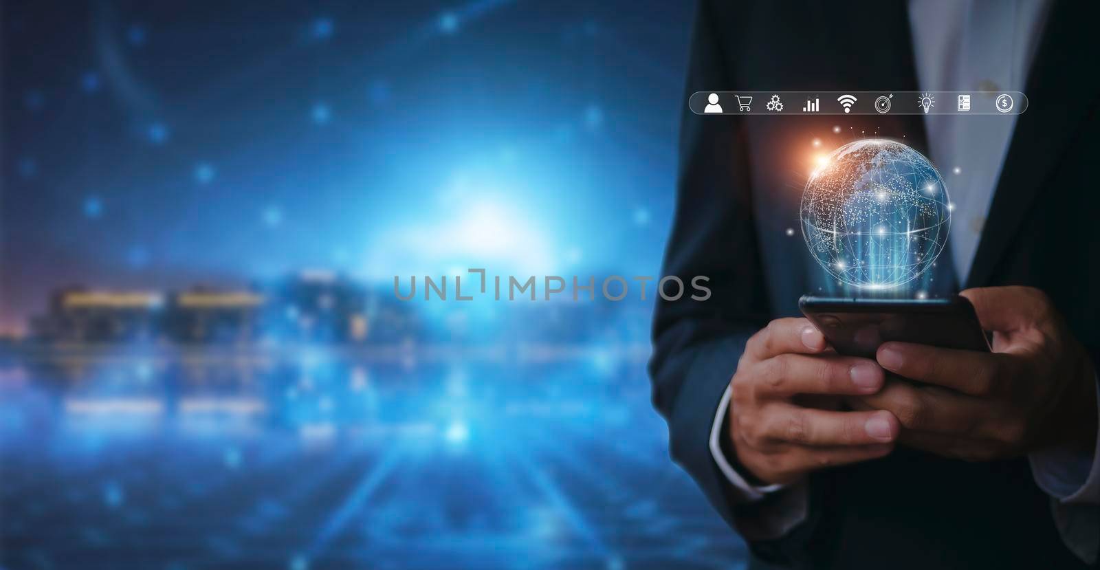 Hand of businessman holding mobilephone with global internet connection application technology and digital marketing, Financial and banking, Digital link tech, big data. business concept