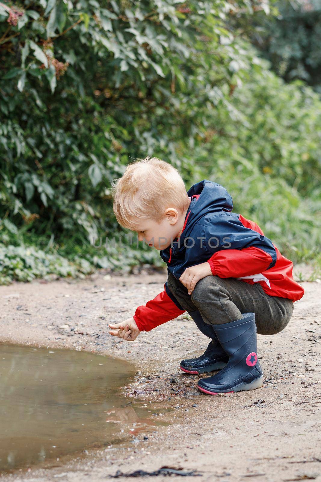 A child in a red jacket and rubber boots explores the mud of a swamp in nature on a hike in the fresh air by Lincikas