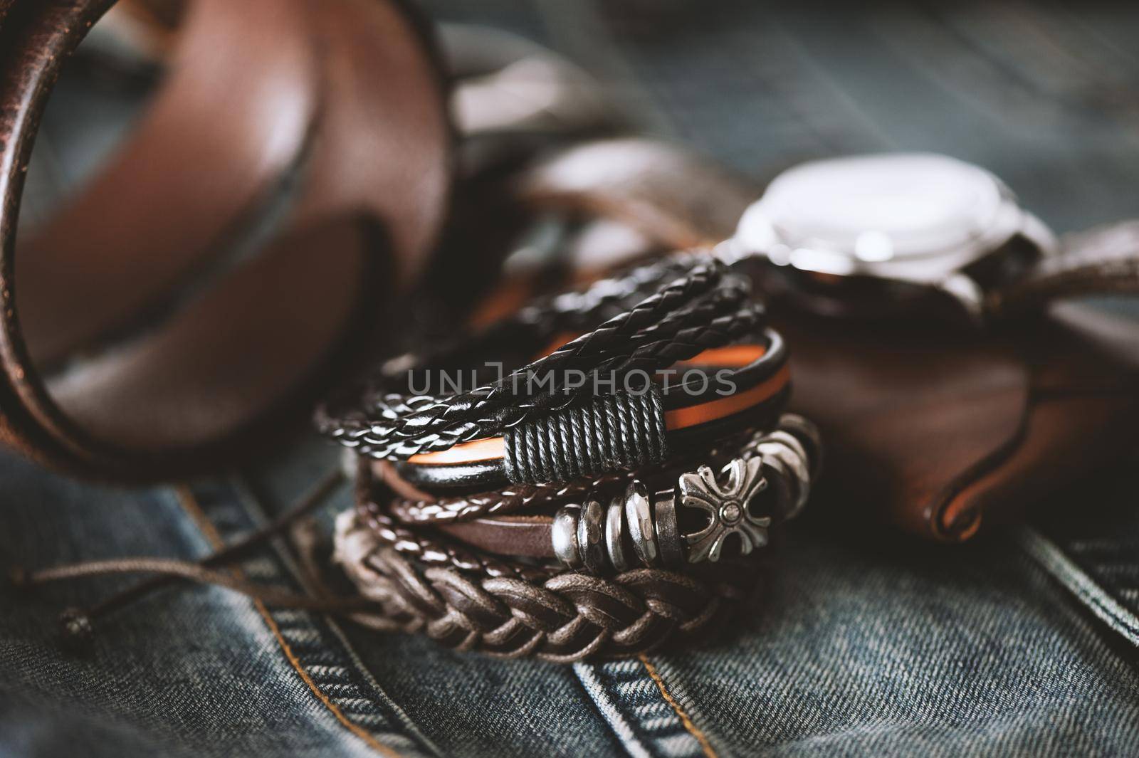 closeup leather bracelets for men, casual style of men accessories. Shallow depth of field.