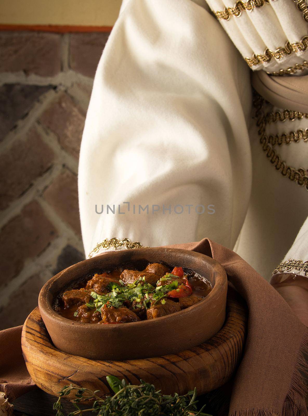 Vertical shot of a waitress presenting a meat stew by A_Karim