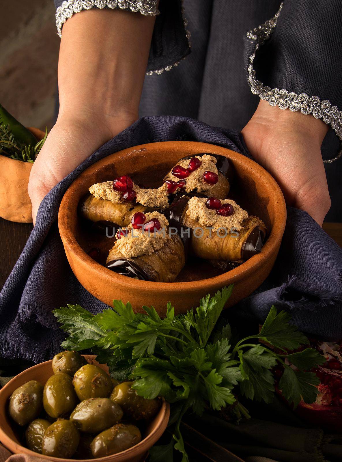 The Pkhali is a traditional Georgian dish of chopped and minced vegetables, made of cabbage, eggplant, spinach, beans, beets