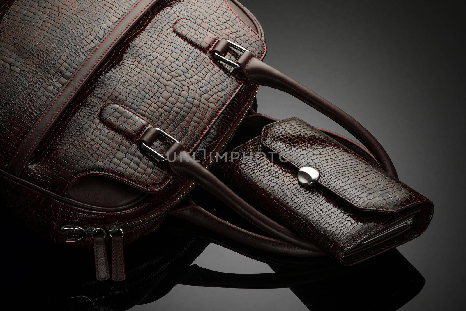 A closeup of a fashionable women's bag and purse on a dark background