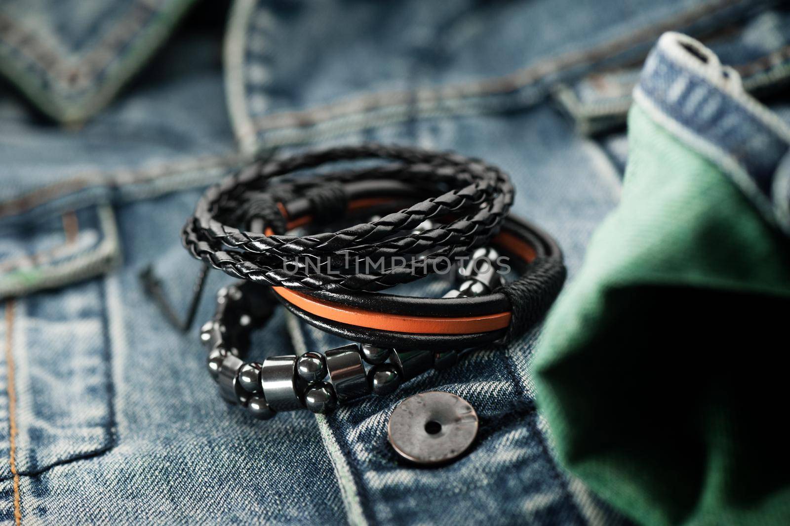 closeup leather bracelets for men, casual style of men accessories. Shallow depth of field.