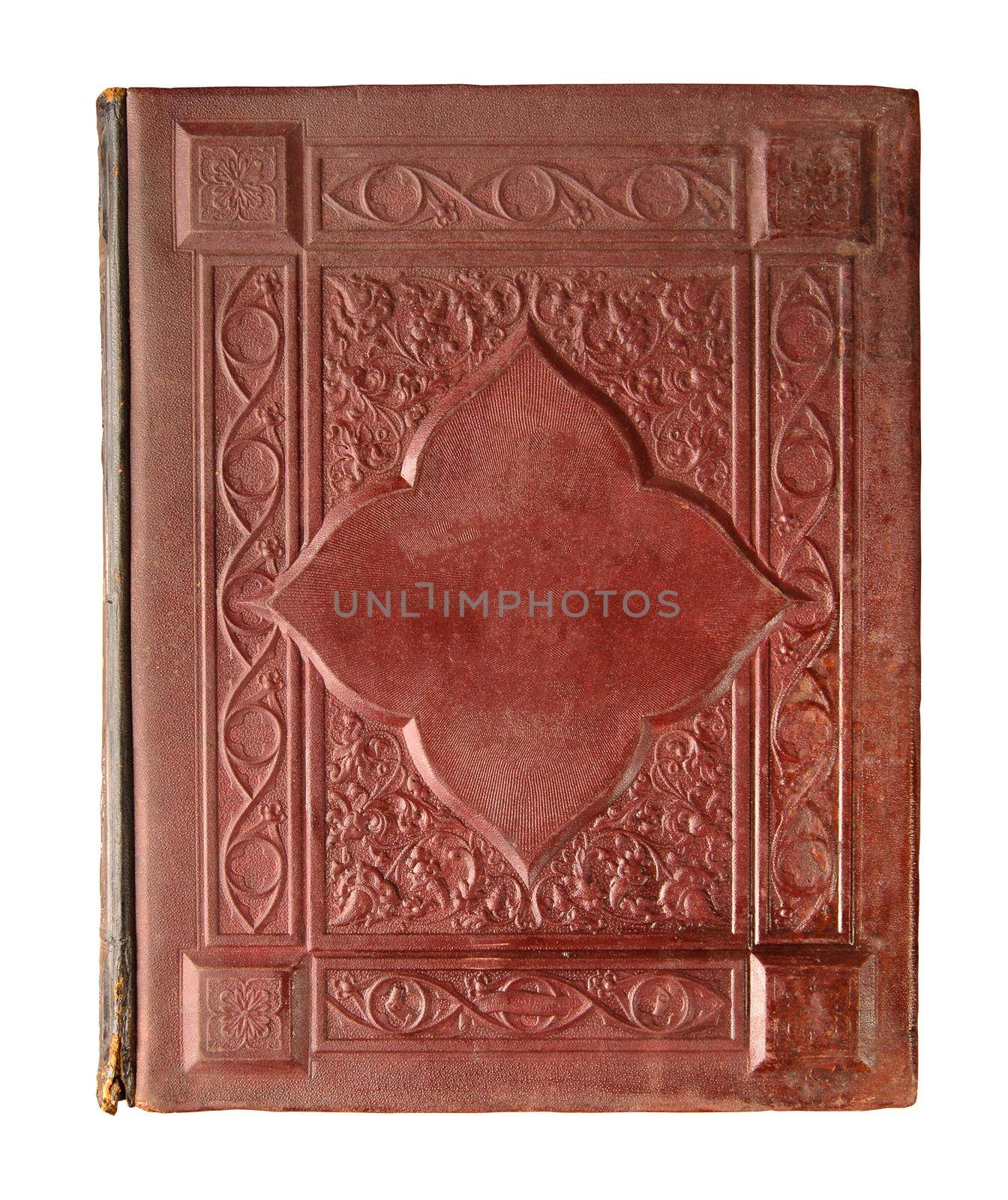 Vertical close-up shot of an old leather bookcase with an ancient pattern on a white background. by A_Karim