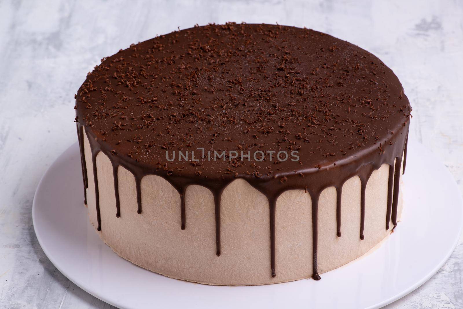 A close up shot of a chocolate cake on a white plate