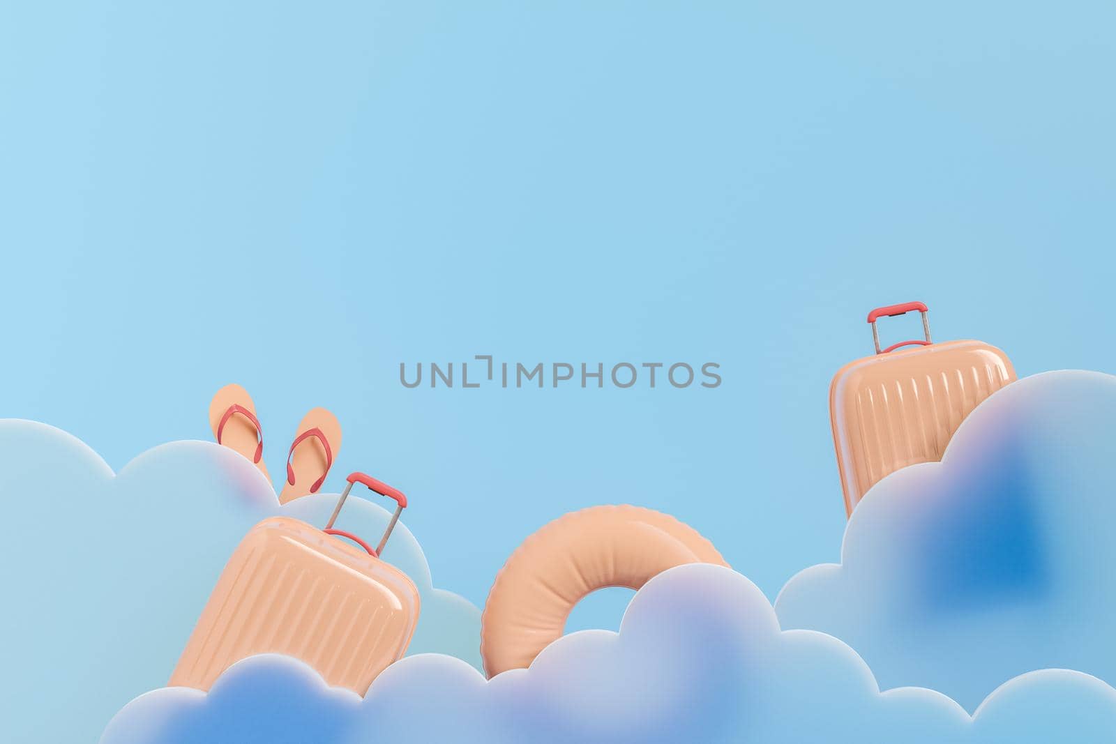 Creative 3D rendering with hard side suitcases with swim ring and flip flops amidst clouds against blue background showing concept of summer holidays