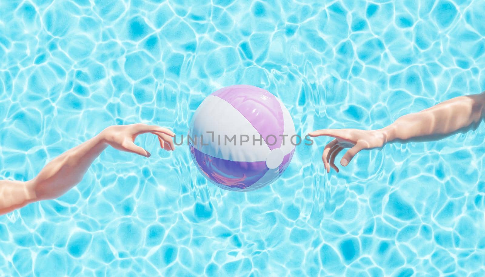 Top view 3D rendering of crop unrecognizable people underwater of outdoor swimming pool reaching out toward inflatable ball on sunny day