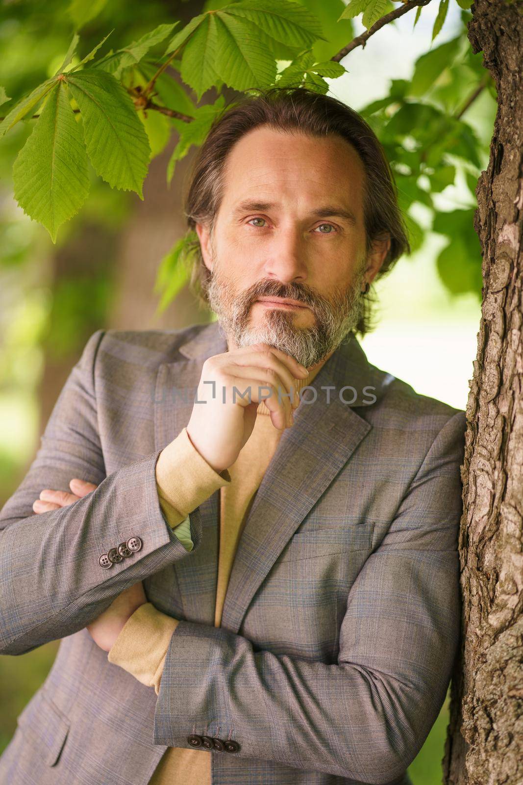 Mature handsome grey birded businessman in casual standing under tree on the grass looking at camera with arms folded touching his beard. Freelancer spend time working outdoors. Middle age crisis by LipikStockMedia