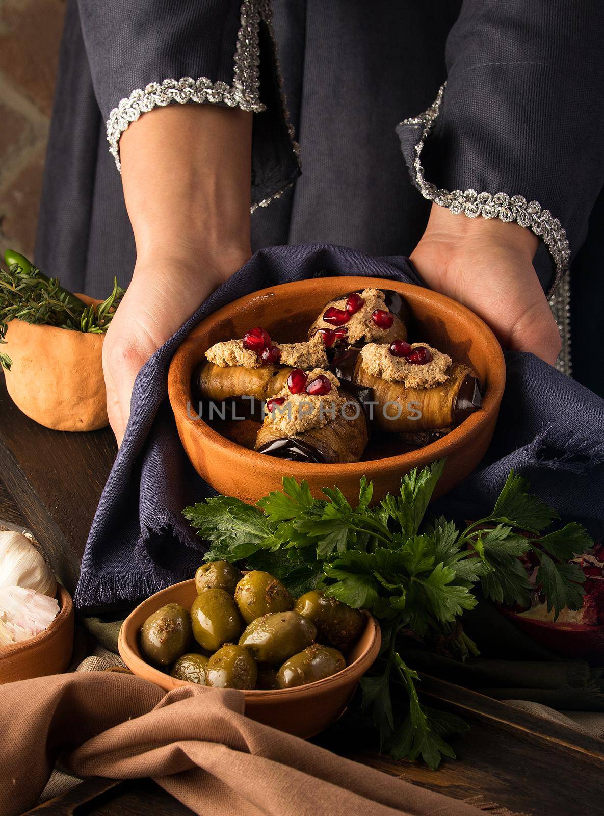 The Pkhali is a traditional Georgian dish of chopped and minced vegetables, made of cabbage, eggplant, spinach, beans, beets