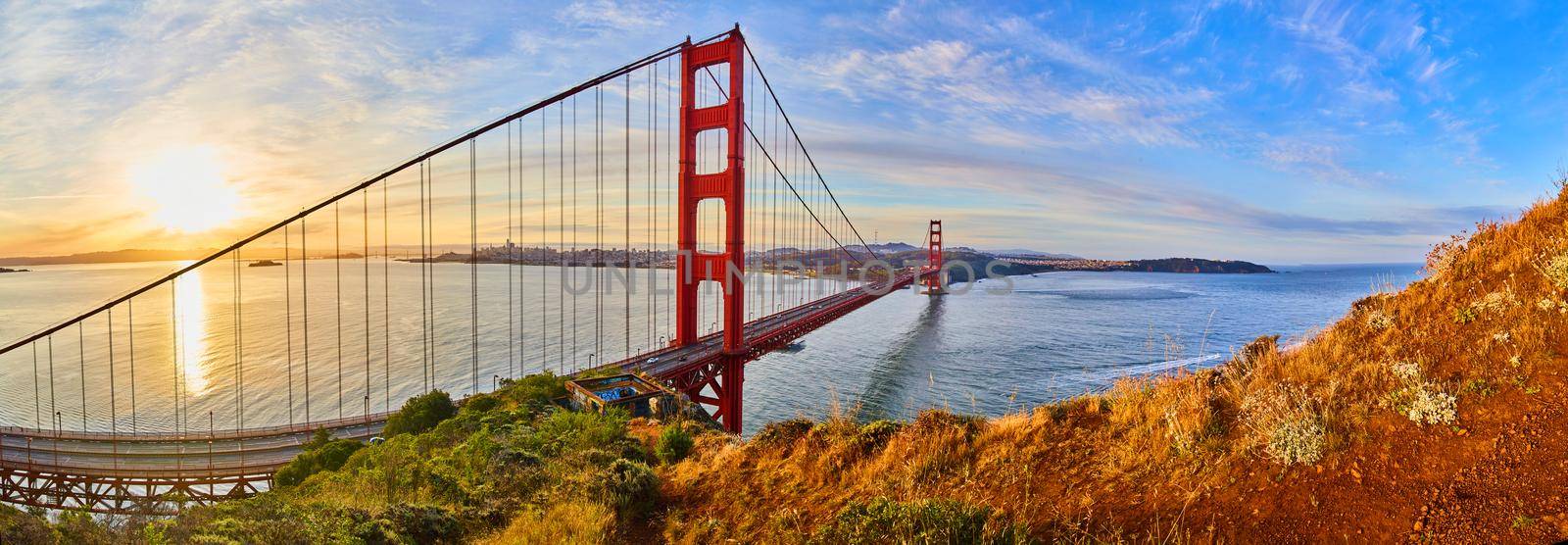 Panorama of Golden Gate Bridge at Sunrise with stunning ocean view by njproductions