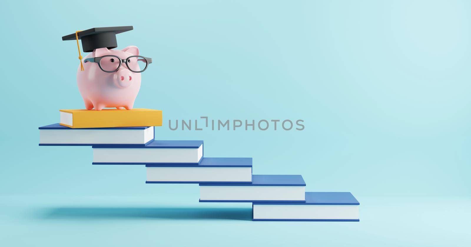Education concept design of piggy bank with glasses wearing graduation cap on book stairs 3D render by Myimagine