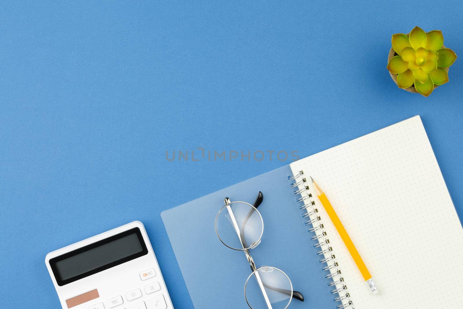 Open spiral notebook with pencil, calculator, glasses and plant with green leaves on blue isolated background. Office concept. Top view.