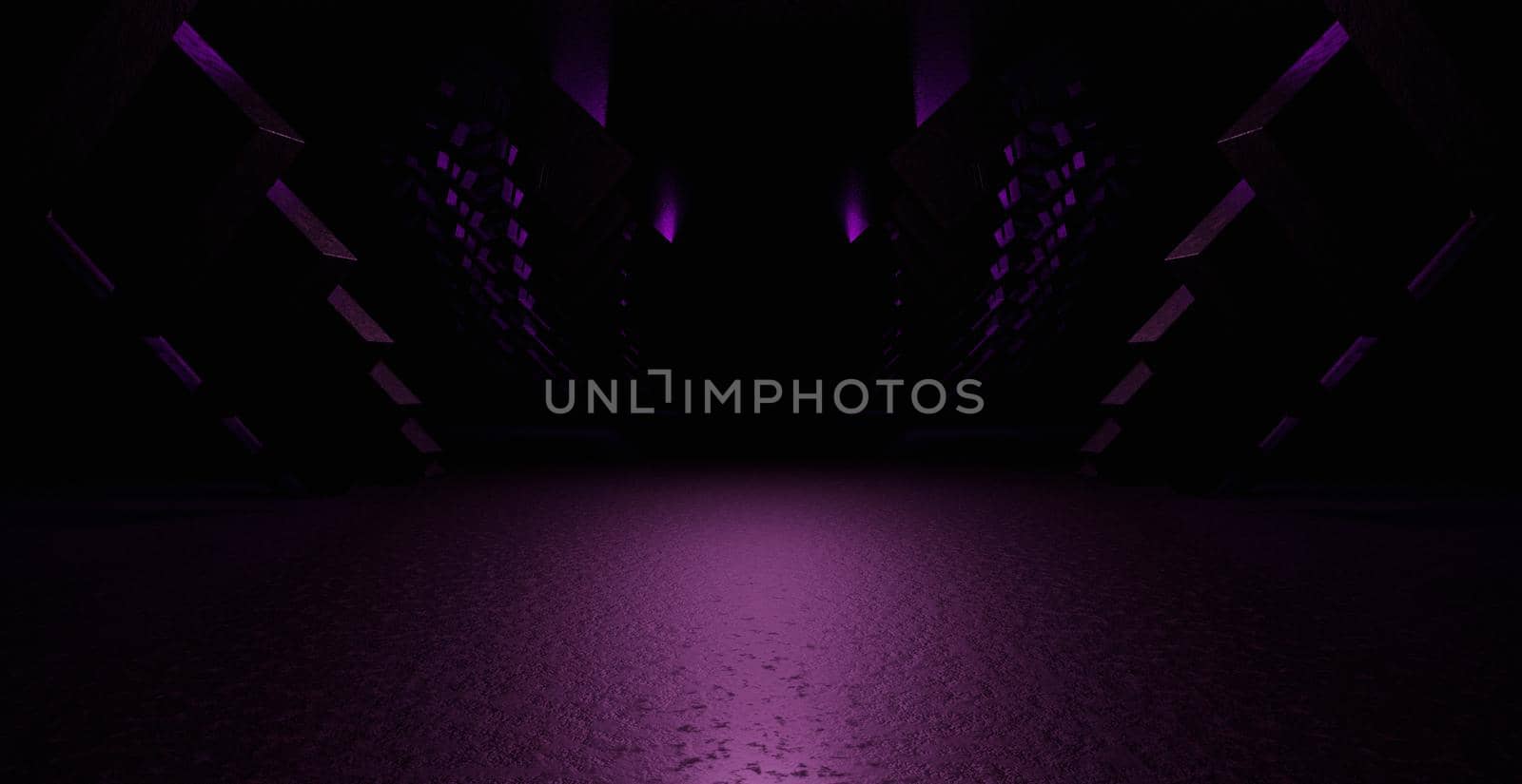 Eternal Tunnel Corridor Warehouse Surreal Future Dystopian Deep Violet Banner Background Industrial 3D Render