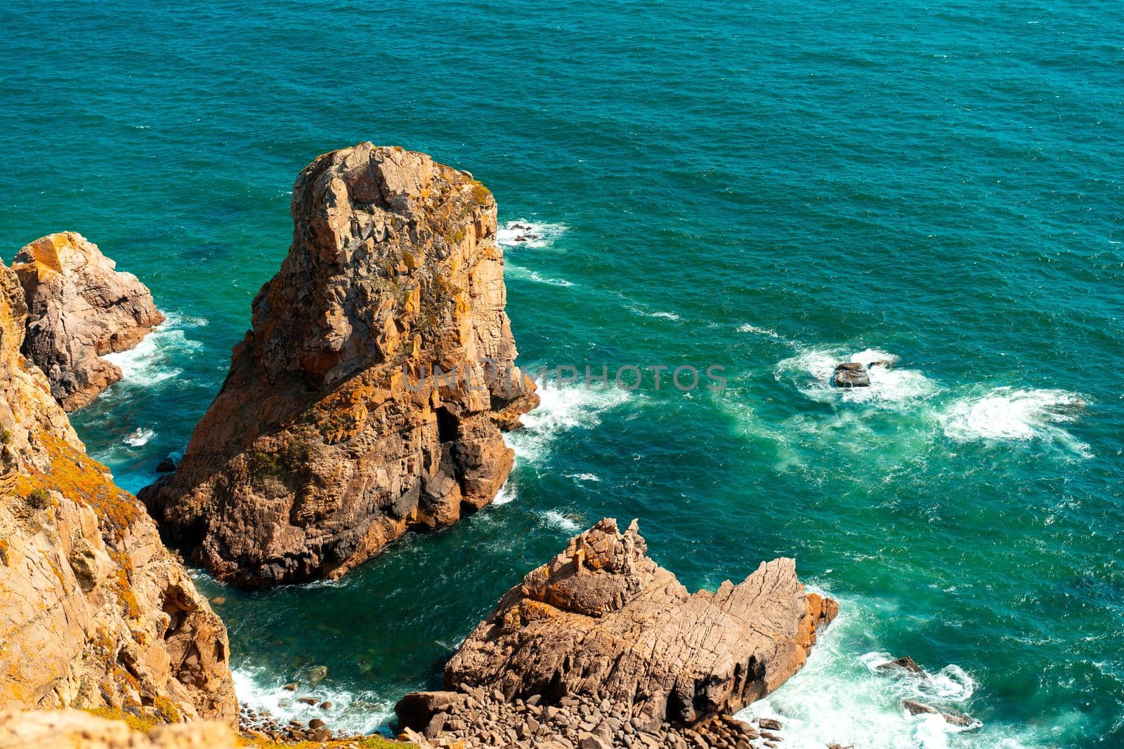 Atlantic ocean view with cliff. View of Atlantic Coast at Portugal, Cabo da Roca. Summer day. Seaside. Coastline. Beautiful landscape