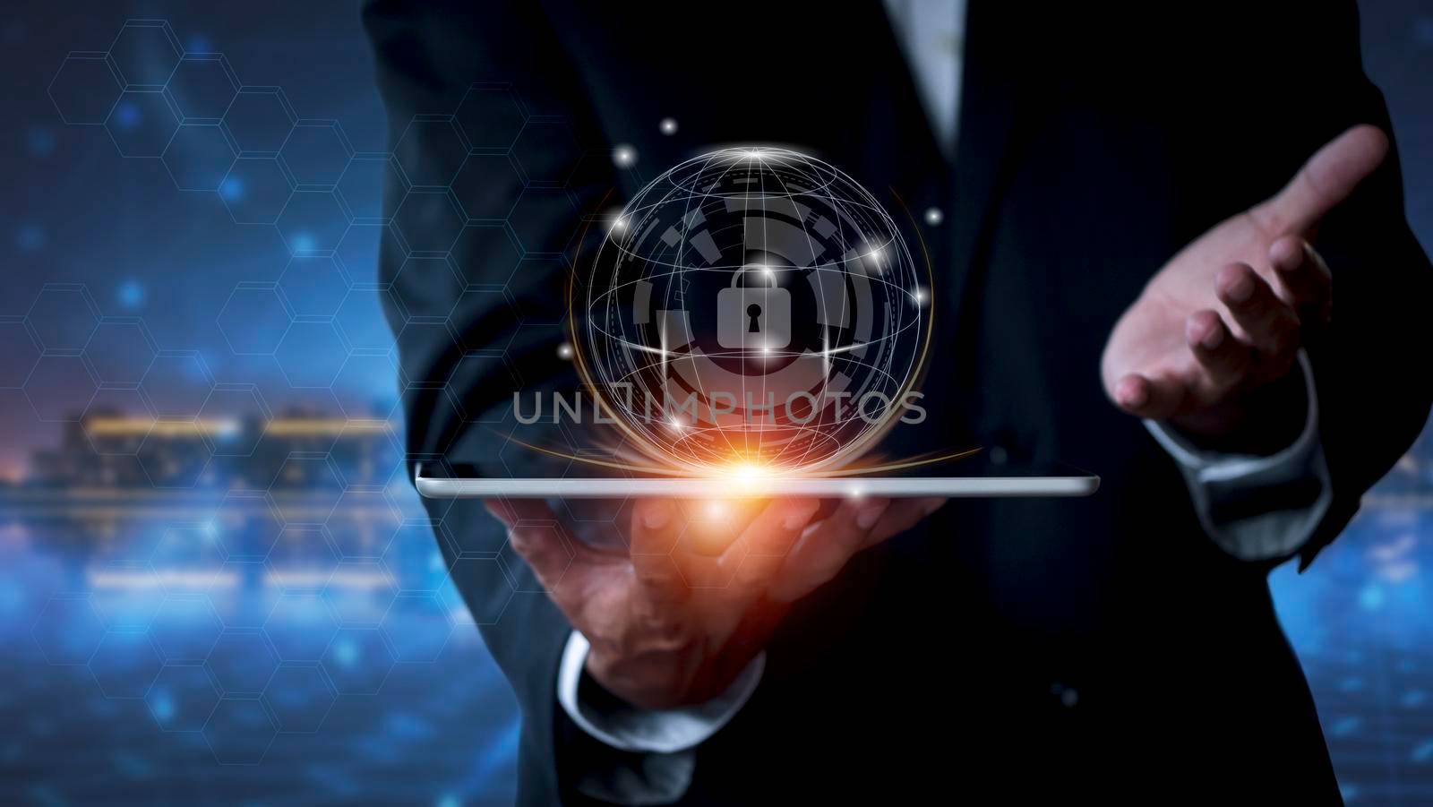 Cyber security network. Business man protecting data personal information on tablet. Padlock icon and internet technology networking connection on digital network background. Data protection privacy concept.