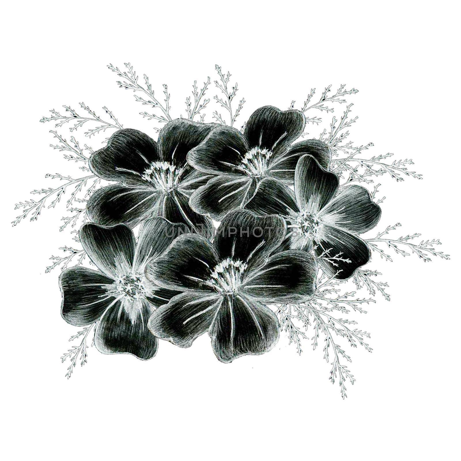 Black and White Hand Drawn Marigold Flower Composition Isolated on White Background. Marigold Flower Composition Drawn by Black Pencil.