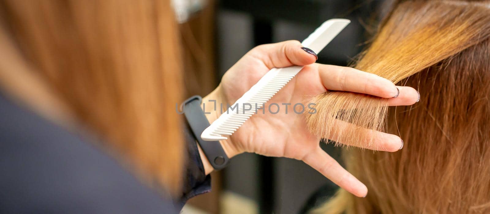 Back view of hairdresser cuts red or brown hair to young woman in beauty salon. Haircut in hair salon