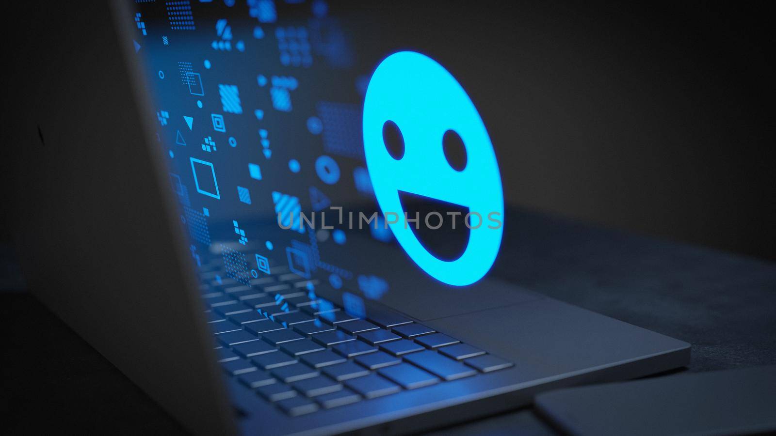 Happy approved online hologram style laptop 3D Render