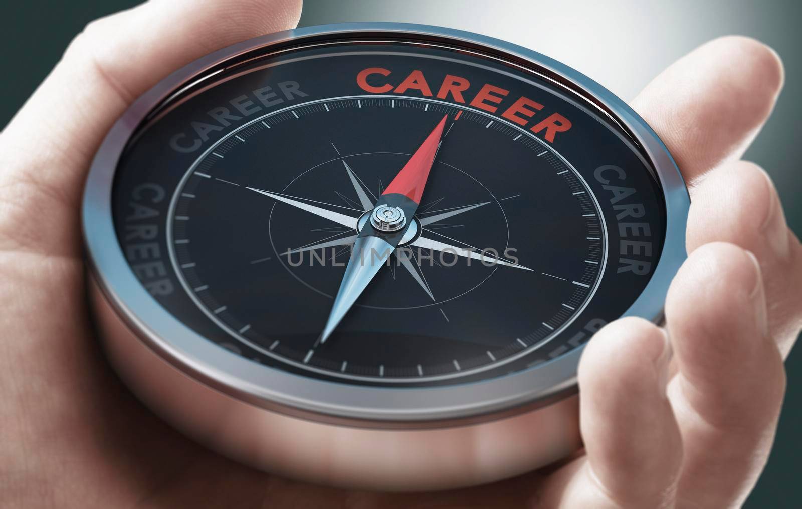 Hand holding a conceptual compass. Concept of professional career management and development. Composite image between a 3d illustration and a photography.