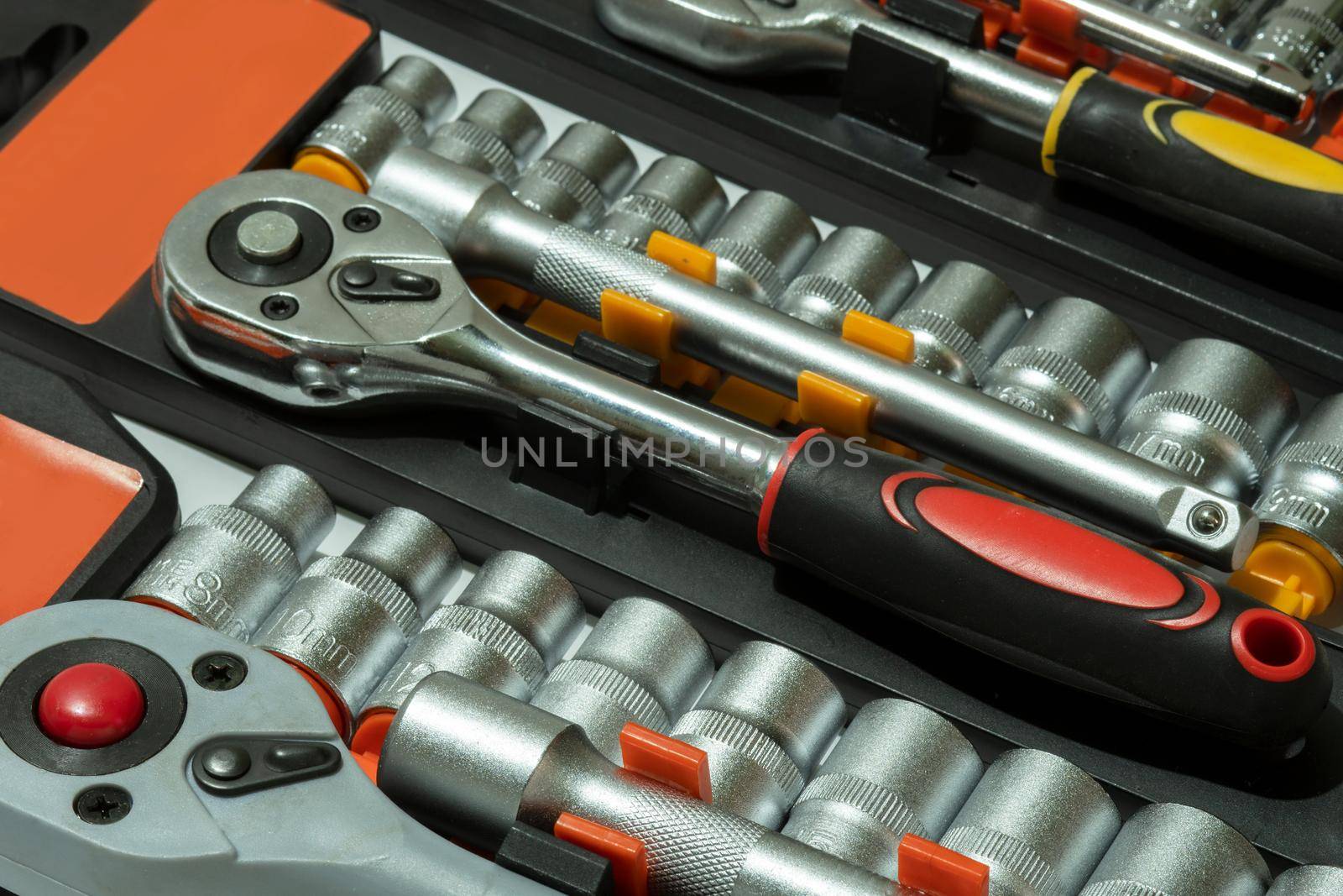 Socket set and socket wrench.Ratchet wrench. Stainless steel hexagon socket set. by Yurii73