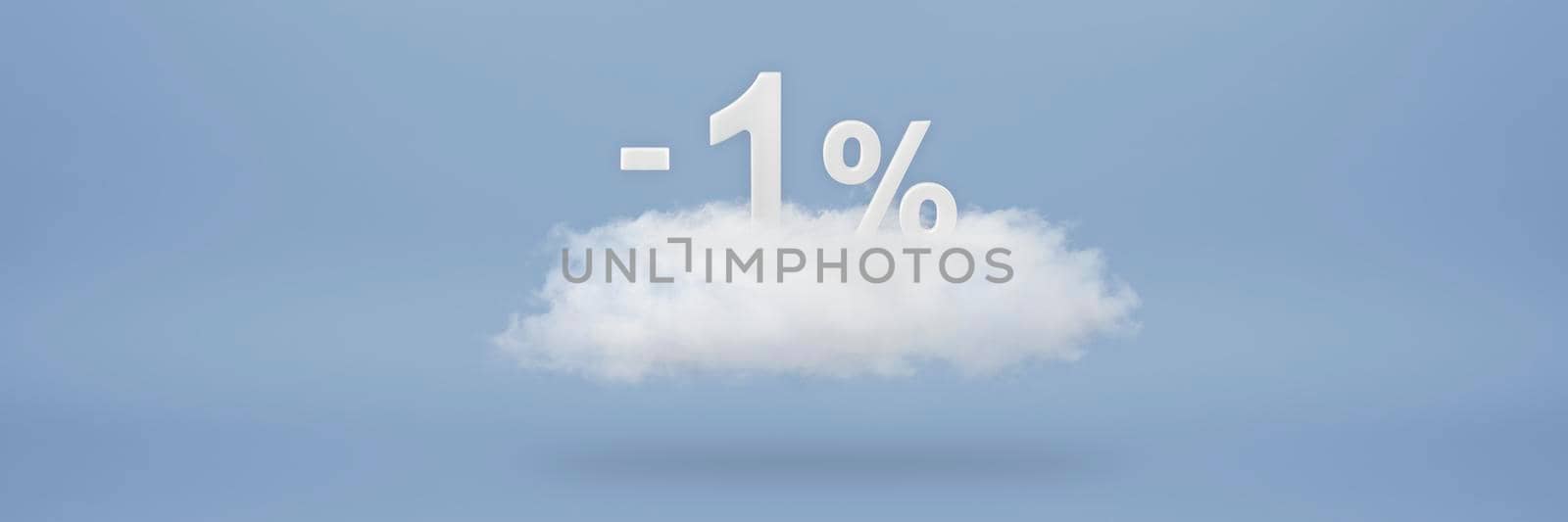 Discount 1 percent. Big discounts, sale up to one percent. 3D numbers float on a cloud on a blue background. Copy space. Advertising banner and poster to be inserted into the project by SERSOL