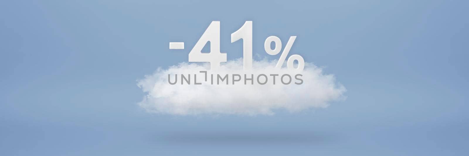 Discount 41 percent. Big discounts, sale up to forty one percent. 3D numbers float on a cloud on a blue background. Copy space. Advertising banner and poster to be inserted into the project.