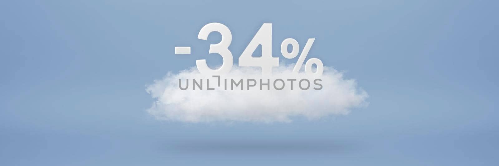 Discount 34 percent. Big discounts, sale up to thirty four percent. 3D numbers float on a cloud on a blue background. Copy space. Advertising banner and poster to be inserted into the project by SERSOL