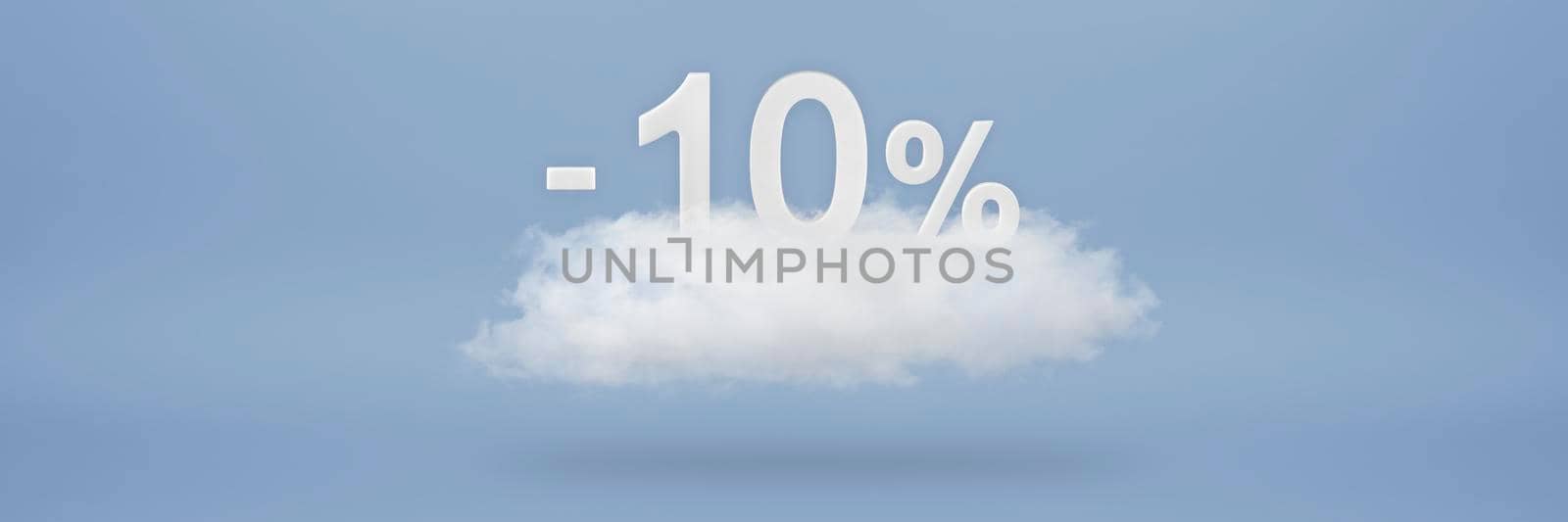 Discount 10 percent. Big discounts, sale up to ten percent. 3D numbers float on a cloud on a blue background. Copy space. Advertising banner and poster to be inserted into the project.