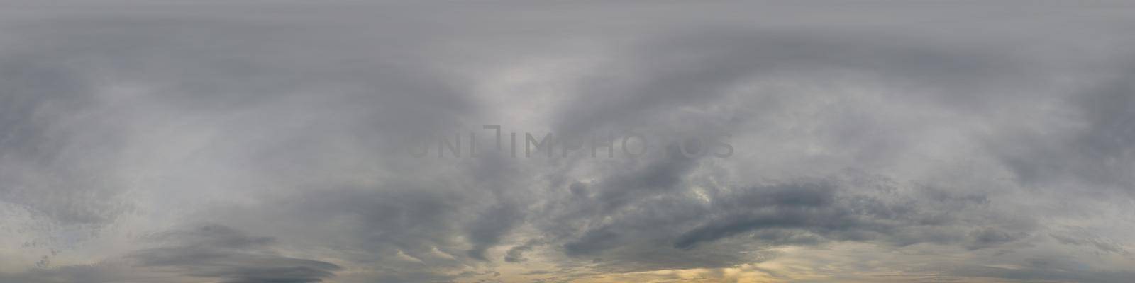 Sky panorama on overcast rainy day with low clouds in seamless spherical equirectangular format. Complete zenith for use in 3D graphics, game and for aerial drone 360 degree panorama as a sky dome.