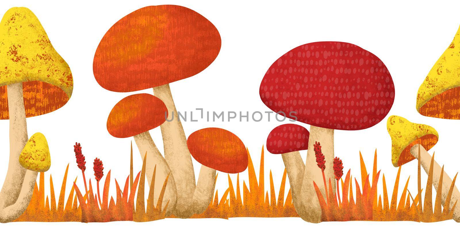 Hand drawn fall autumn seamless horizntal border with mushrooms forest wood grass leaves. Woodland frame in red orange yellow. Decorative ornament illustration. by Lagmar