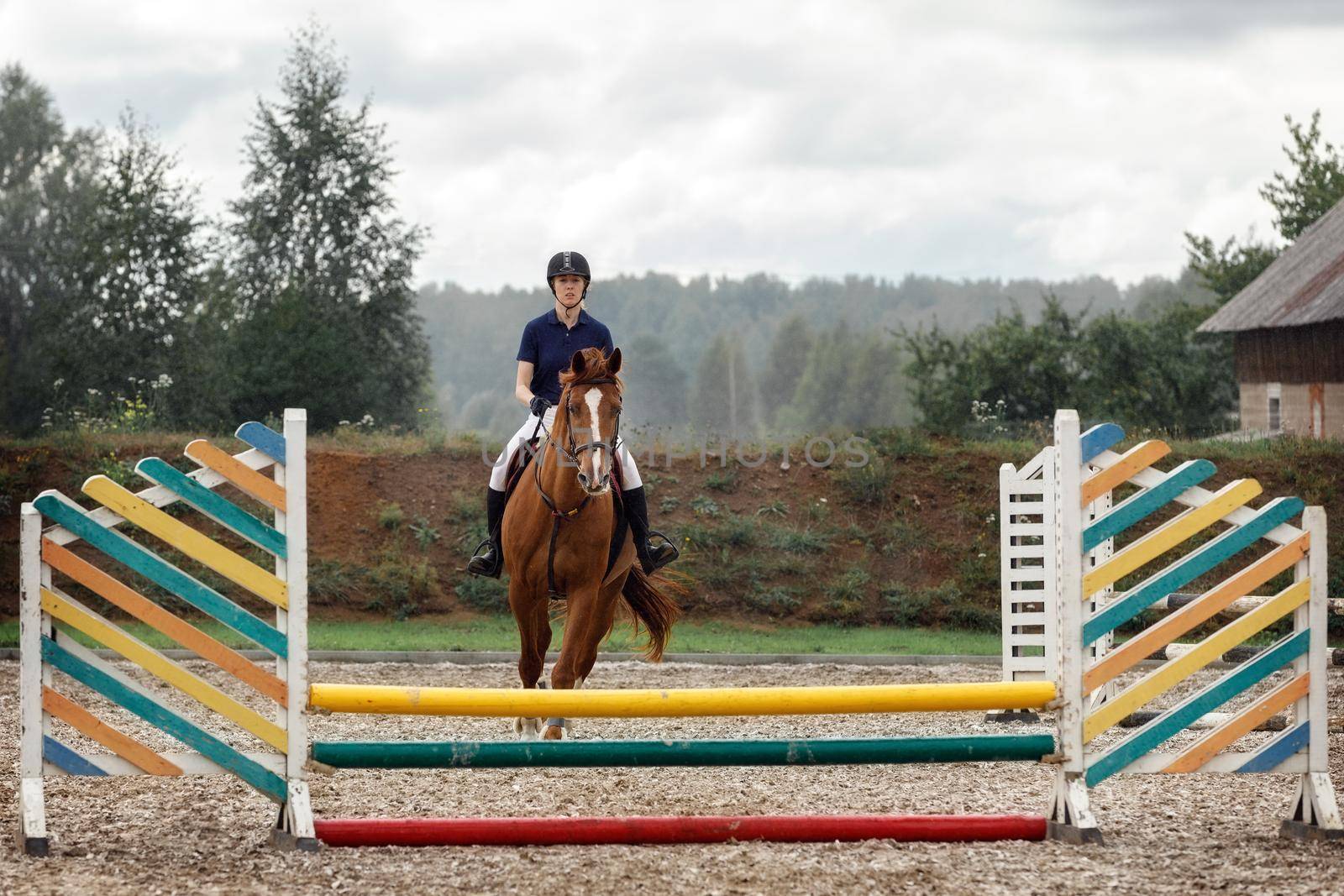 Equestrian sport. Young girl rides on horse on championship, she jump across the barrier with cherry-brown horse.