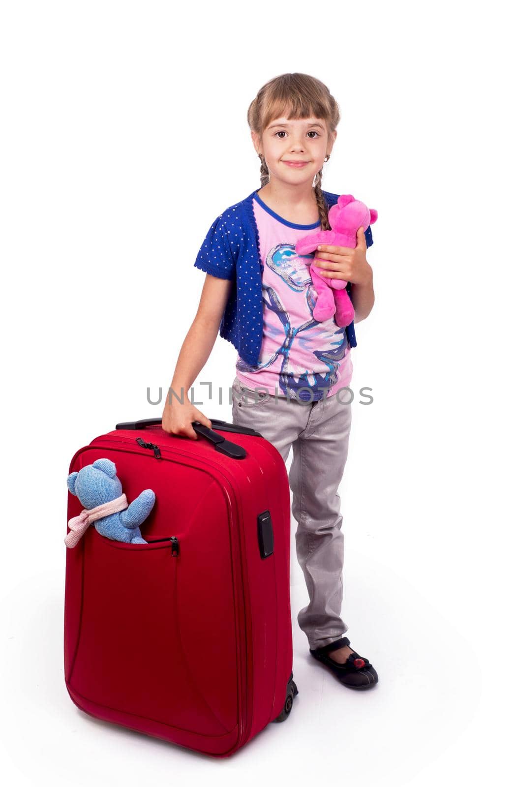 Traveling with children. Tourism. Cute little girl and big red suitcase isolated on white background by aprilphoto