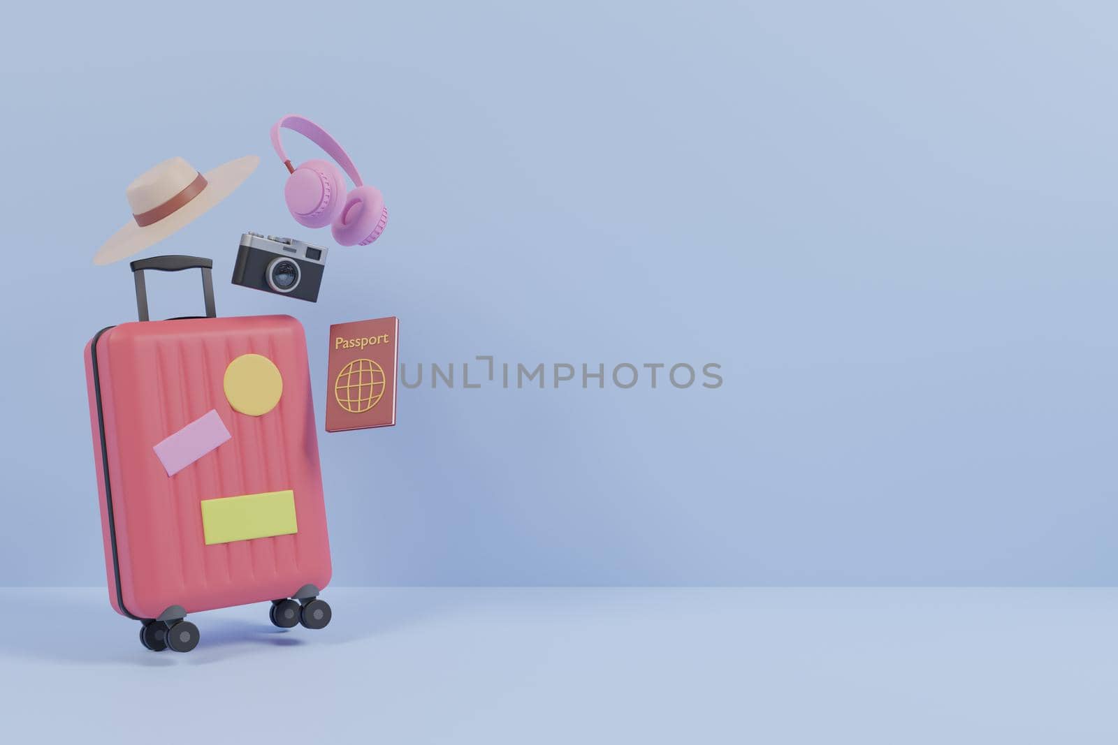 Traveling stuffs isolated on blue background. Luggage, camera, passport, headphone, beach hat in 3d rendering  by bkneung