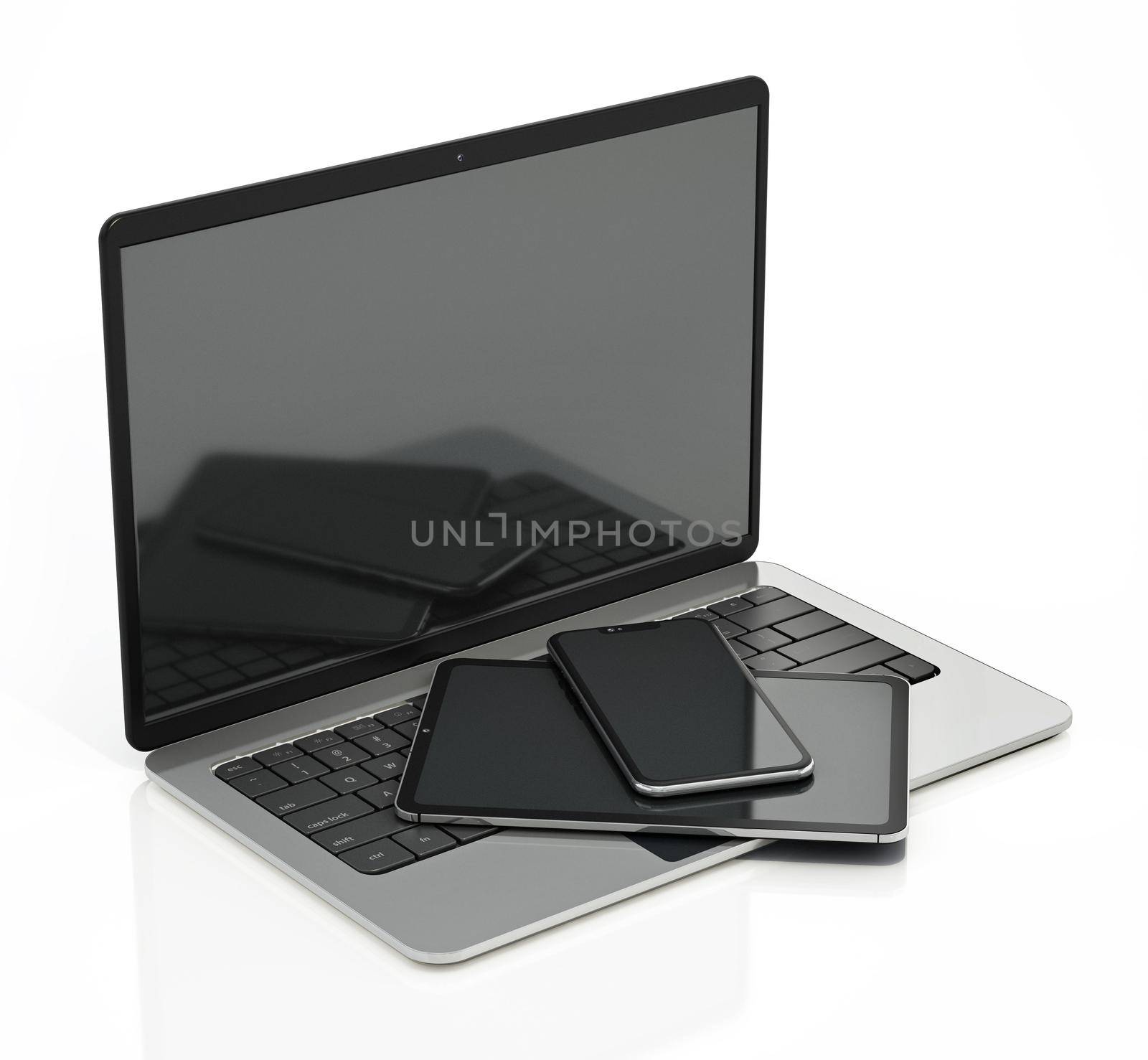 Laptop computer, smartphone and tablet pc isolated on white background. 3D illustration by Simsek