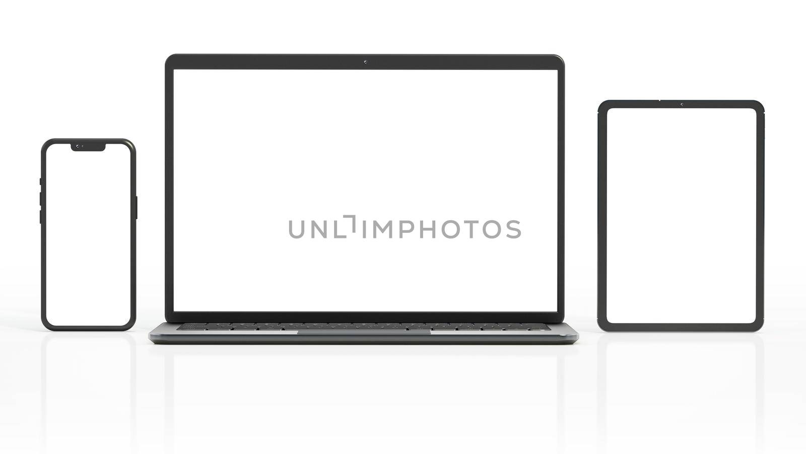 Laptop computer, smartphone and tablet pc isolated on white background. 3D illustration by Simsek