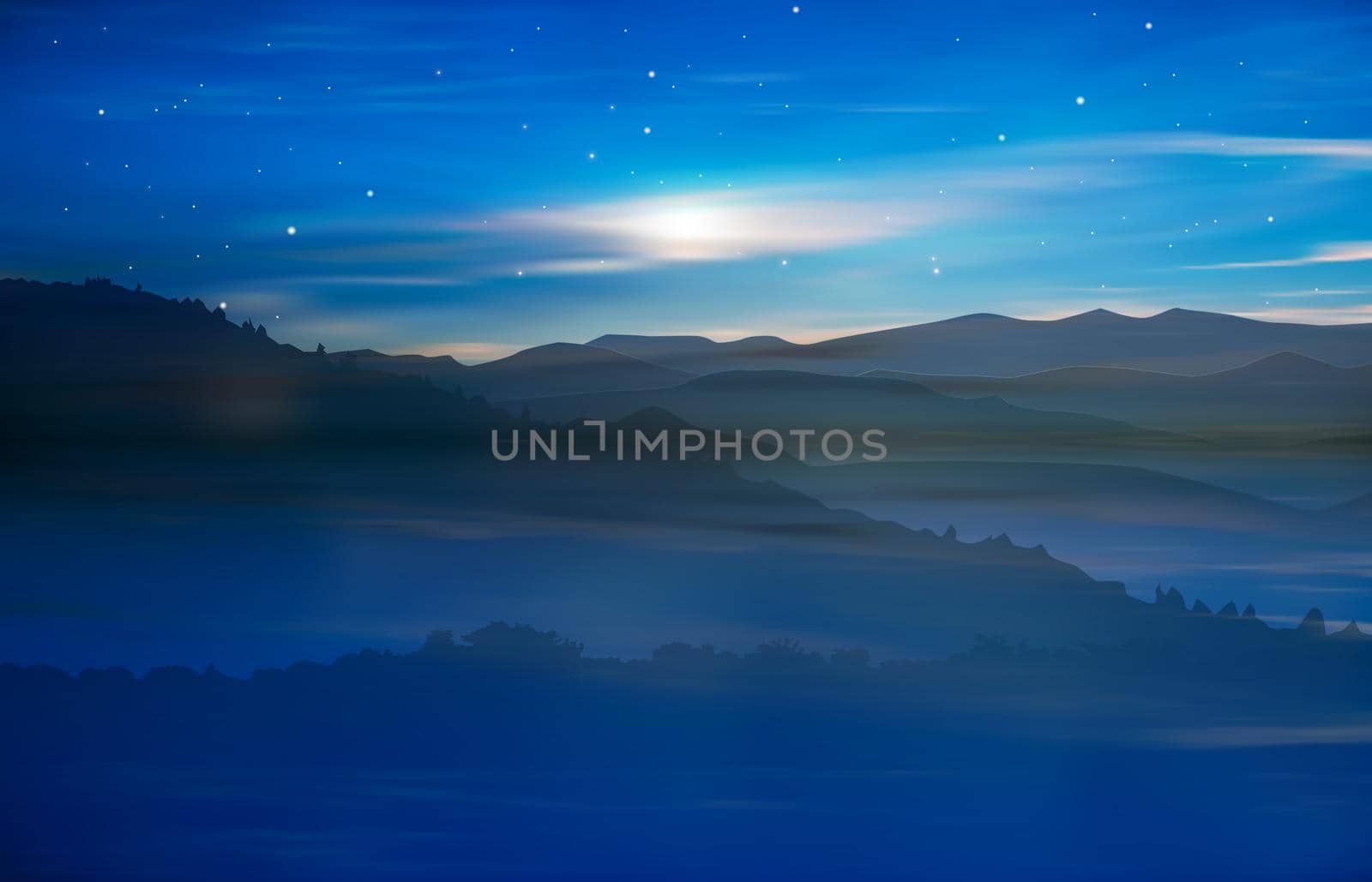 abstract spring blue background with mountains and sunrise