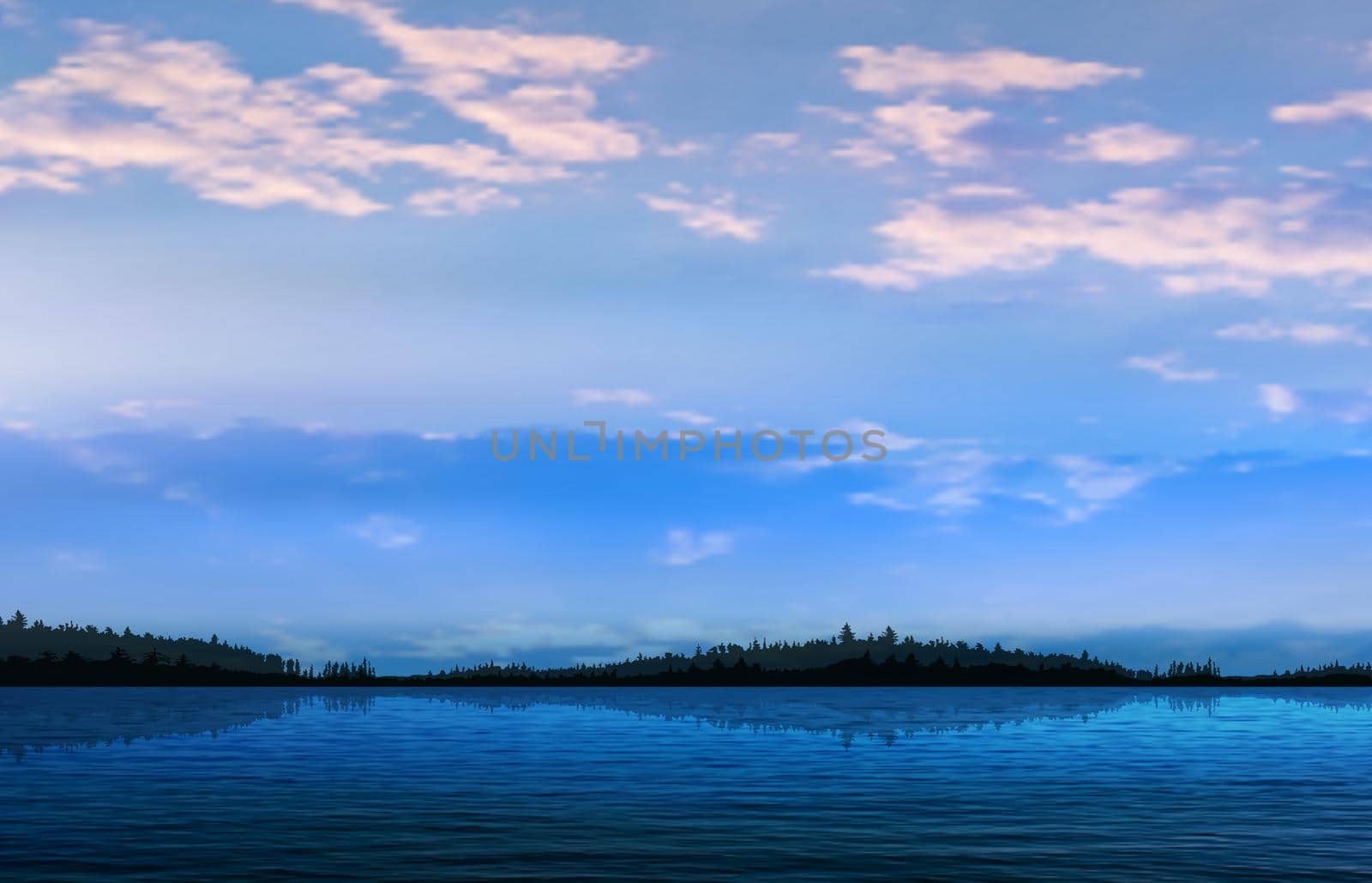 abstract blue sunset background with forest lake and white clouds